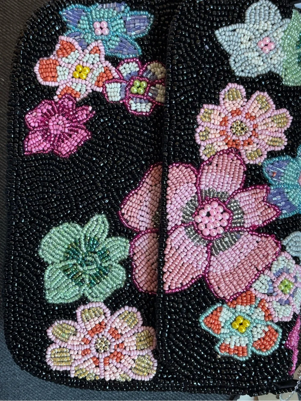 Beaded Floral Shoulder Bag in Black and Pink